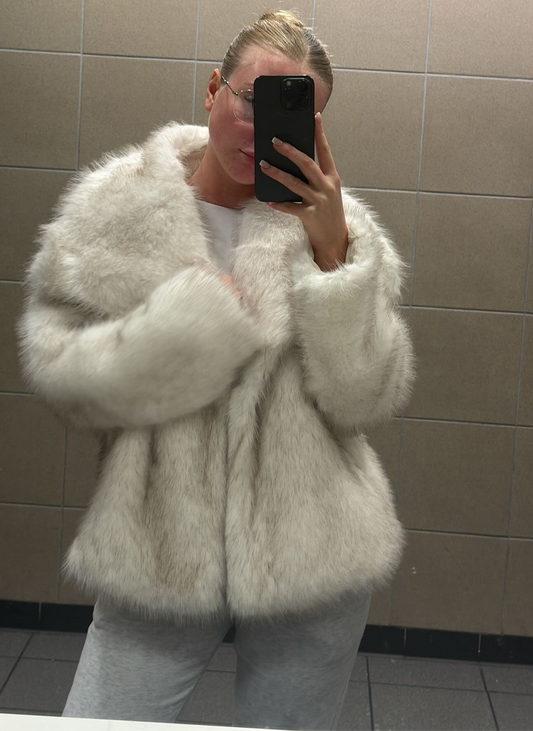 White and grey Faux fur coat with cropped collar